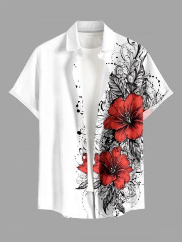 Chemise hawaïenne grande taille pour homme, à imprimé feuilles d'hibiscus, boutons et poche. - WHITE - 2XL