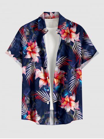Tropical Leaf Flower Print Hawaii Button Pocket Shirt For Men