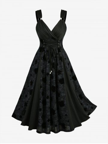Robe A-Line grande taille à imprimé tie-dye, avec fleurs en flocking, patchwork et lacets - BLACK - 4X | US 26-28