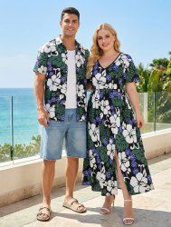 Tropical Leaf Hibiscus Flower Print Plus Size Matching Hawaii Beach Outfit For Couples -  