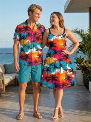 Colorful Sky Coconut Tree Print Plus Size Matching Hawaii Beach Outfit For Couples -  