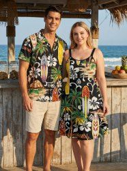 Coconut Tree Flower Ethnic Print Plus Size Matching Hawaii Beach Outfit For Couples -  