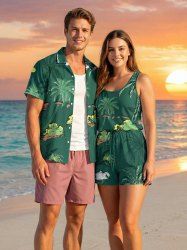 Matching Hawaii Shirt and Romper Plus Size Beach Outfit Coconut Tree Plant Cloud Print For Couples -  