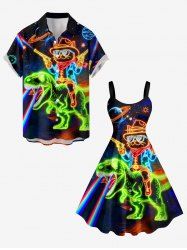 Glitter Dinosaur Cat Planet Galaxy Print Plus Size Matching Hawaii Beach Outfit For Couples -  