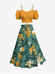 Solid Cinched Top and Flower Leaf Branch Print Hawaii Split A Line Skirt Plus Size Matching Set -  