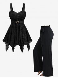 Silver Line Lace Trim Snake Buckle Tank Top and Ruffles Waist Wide Leg Pants Plus Size Outfit -  