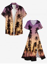 Ensemble de plage hawaïen assorti grande taille à imprimé ombré de cocotiers pour couples - Pourpre  