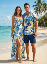 Hibiscus Flowers Tropical Leaf Print Plus Size Matching Hawaii Beach Outfit For Couples -  