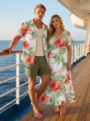 Hibiscus Flower Tropical Leaf Print Plus Size Matching Hawaii Beach Outfit For Couples -  