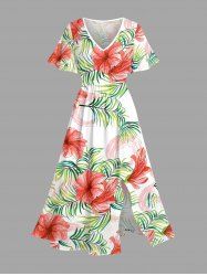Hibiscus Flower Tropical Leaf Print Split Hawaii Midi Dress -  