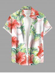 Chemise hawaïenne grande taille pour homme, à imprimé floral tropical et feuilles d'hibiscus, boutons et poche. - Blanc 3XL
