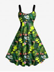 Tropical Leaf Flowers Elien UFO Print Hawaii Tank Dress -  
