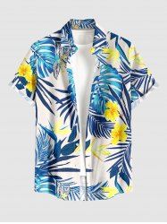 Chemise hawaïenne grande taille pour homme, à imprimé feuilles tropicales et fleurs d'hibiscus, boutons et poche. - Bleu Ciel 3XL