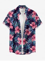 Plus Size Tropical Leaf Hibiscus Flower Print Hawaii Button Pocket Shirt For Men -  