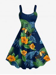 Robe trapèze hawaïenne à imprimé tropical feuilles d'hibiscus et perroquets, grande taille - Paon Bleu 1X