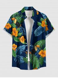 Tropical Leaf Hibiscus Flower Parrot Print Hawaii Button Pocket Shirt For Men -  
