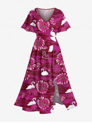 Robe mi-longue hawaïenne fendue à imprimé cygne et feuilles de cocotier, grande taille - Rouge Rose 5X