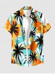 Plus Size Coconut Tree Colorblock Print Buttons Pocket Hawaii Shirt For Men -  