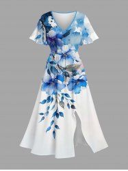 Flowers Leaf Watercolor Print Split Hawaii Midi Dress -  