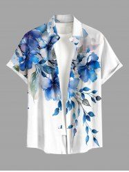 Chemise hawaïenne grande taille pour homme, à imprimé aquarelle de fleurs et de feuilles, boutons et poche. - Blanc 3XL