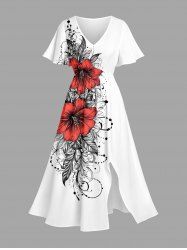 Hibiscus Flowers Leaf Print Split Hawaii Midi Dress -  