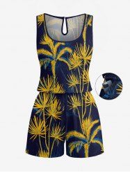 Coconut Tree Plant Print Hawaii Drawstring Pocket Romper - Cadetblue M