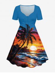 Plus Size Coconut Tree Sea Waves Sun Print Cinched Hawaii Dress -  