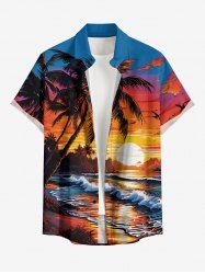 Plus Size Coconut Tree Sea Waves Sun Print Buttons Pocket Hawaii Shirt For Men -  