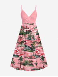 Robe cache-cœur hawaïenne à imprimé cocotier, hibiscus et vagues, grande taille - Rose clair M