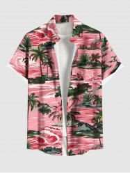 Plus Size Coconut Tree Hibiscus Flowers Sea Waves Print Buttons Pocket Hawaii Shirt For Men -  