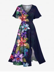 Tropical Leaf Flower Print Hawaii Split Pocket A Line Midi Dress - Bleu profond 2X