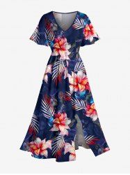 Plus Size Tropical Leaf Flower Print Hawaii Split Pocket A Line Midi Dress -  