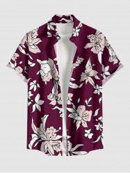 Chemise hawaïenne grande taille à imprimé floral et feuilles, boutons et poche pour homme - Rouge Vineux L