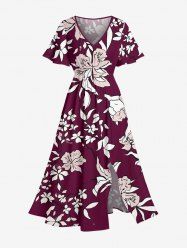 Robe mi-longue hawaïenne fendue à imprimé floral et feuilles grande taille - Rouge Vineux XXS