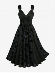 Robe trapèze grande taille à imprimé tie-dye, flockage fleuri, patchwork et lacets - Noir 1X | US 14-16