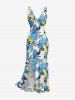 Robe hawaïenne à volants, fente et décolleté cache-cœur, imprimée de feuilles tropicales et de fleurs d'hibis - Bleu Ciel XS