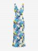 Robe hawaïenne à volants, fente et décolleté cache-cœur, imprimée de feuilles tropicales et de fleurs d'hibis - Bleu Ciel XS
