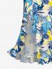 Robe hawaïenne à volants, fente et décolleté cache-cœur, imprimée de feuilles tropicales et de fleurs d'hibis - Bleu Ciel XS