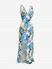 Hibiscus Flowers Tropical Leaf Print Hawaii Ruffles Split Surplice Dress -  