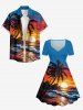 Robe hawaïenne grande taille à imprimé cocotier, vagues et soleil - Bleu Marine M