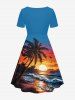 Plus Size Coconut Tree Sea Waves Sun Print Cinched Hawaii Dress -  