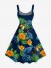 Robe trapèze hawaïenne à imprimé tropical feuilles d'hibiscus et perroquets, grande taille - Paon Bleu 1X