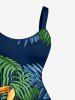 Robe trapèze hawaïenne à imprimé tropical feuilles d'hibiscus et perroquets, grande taille - Paon Bleu 1X