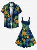 Robe trapèze hawaïenne à imprimé tropical feuilles d'hibiscus et perroquets, grande taille - Paon Bleu 1X