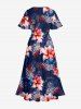 Plus Size Tropical Leaf Flower Print Hawaii Split Pocket A Line Midi Dress -  