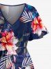 Plus Size Tropical Leaf Flower Print Hawaii Split Pocket A Line Midi Dress -  