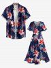 Plus Size Tropical Leaf Flower Print Hawaii Split Pocket A Line Midi Dress -  