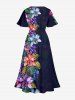 Tropical Leaf Flower Print Hawaii Split Pocket A Line Midi Dress - Bleu profond 2X