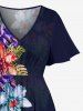 Tropical Leaf Flower Print Hawaii Split Pocket A Line Midi Dress - Bleu profond 2X