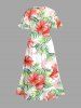 Hibiscus Flower Tropical Leaf Print Split Hawaii Midi Dress -  